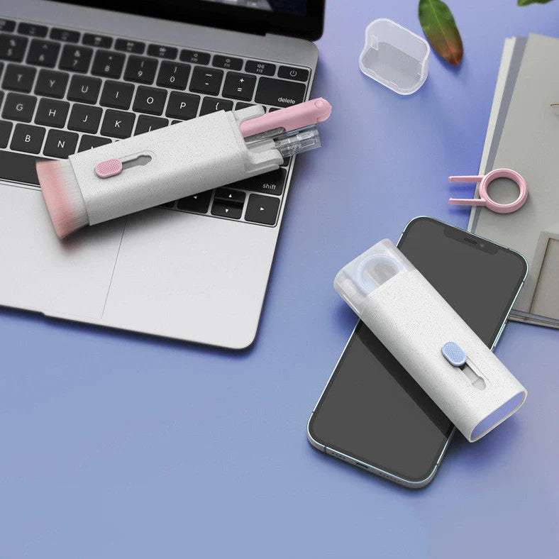 Pink and blue computer cleaning pen set with brush, keycap tool, and empty spray bottle