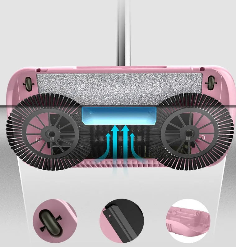 Pink hand push sweeper 3-in-1 with rotating brush on tiled floor