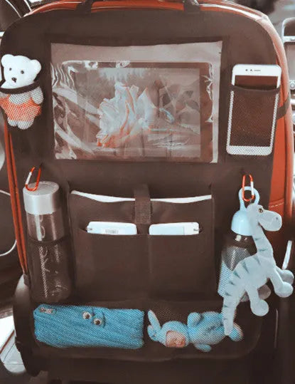 Car seat back storage bag 65x45cm 600D Oxford cloth mesh PVC hanging on seat back with compartments visible