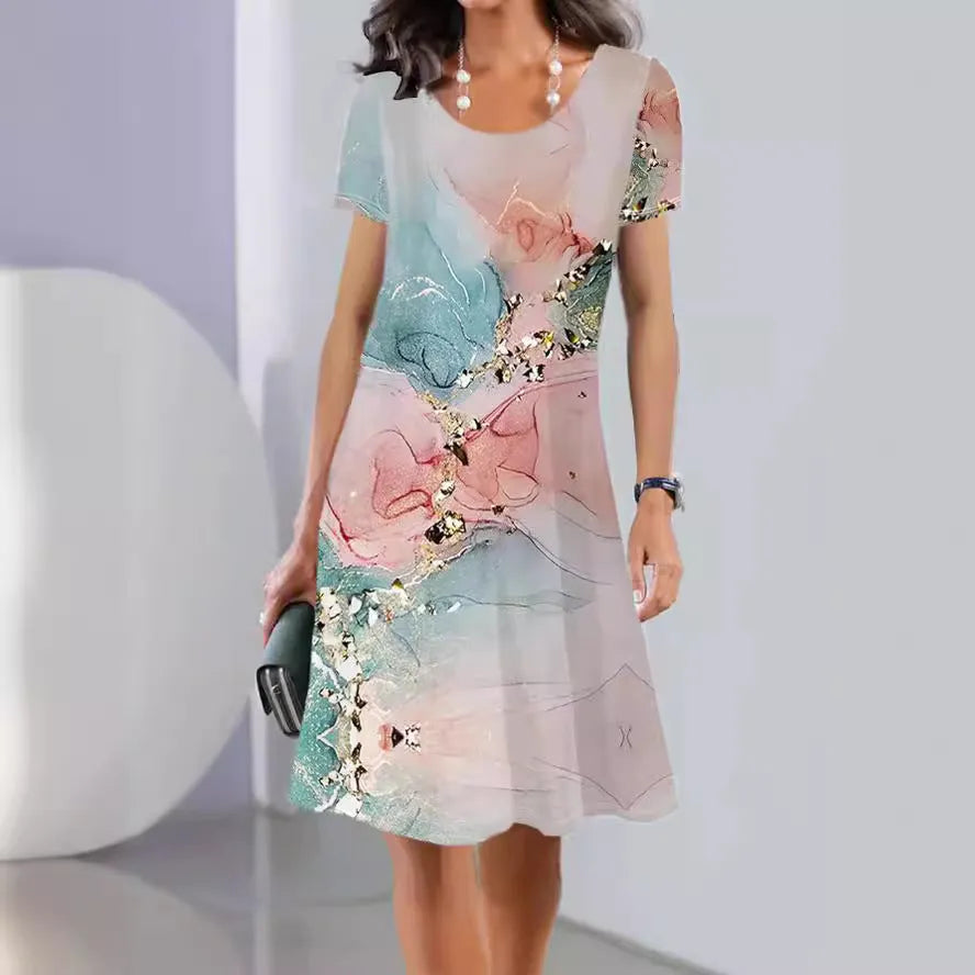 Women's floral print midi dress in ice silk fabric on a hanger, showing A-line shape and short sleeves.