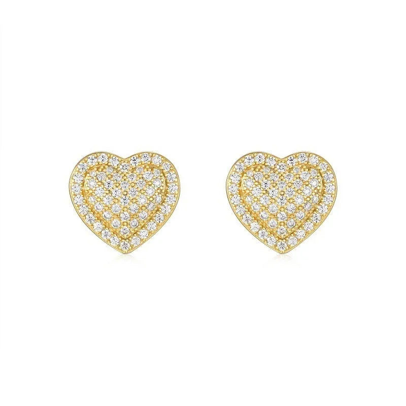 Golden heart-shaped stud earrings made from S925 silver with gold plating.
