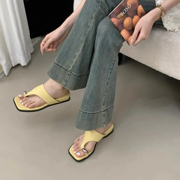 Wedge flip-flops in apricot with microfiber upper and rubber sole for outdoor summer use