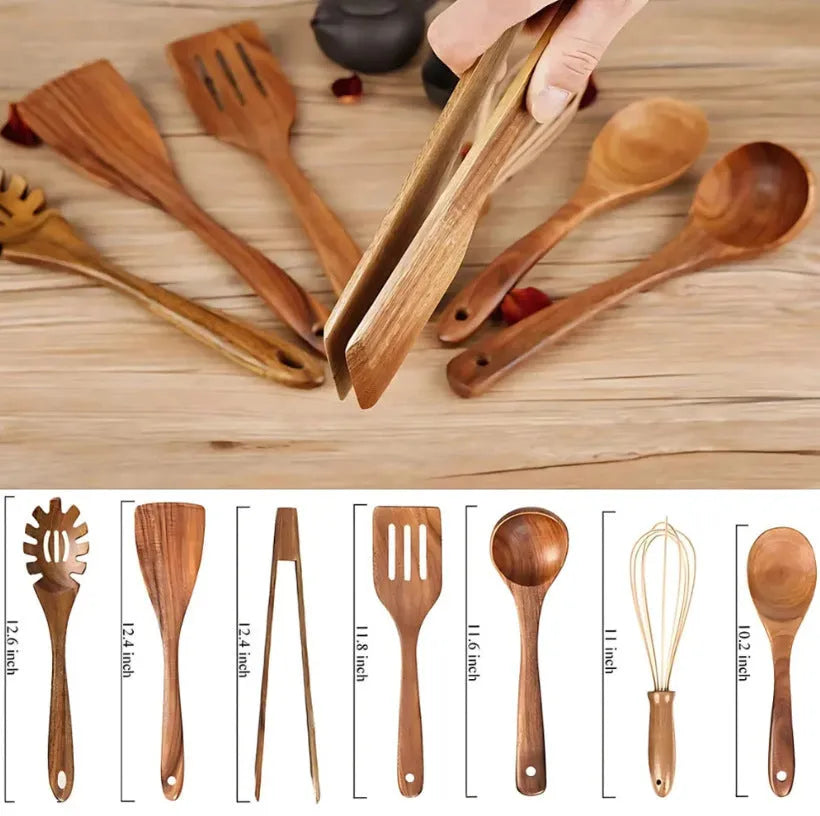 7-piece wooden cooking utensil set with spoon shovels for non-stick pans