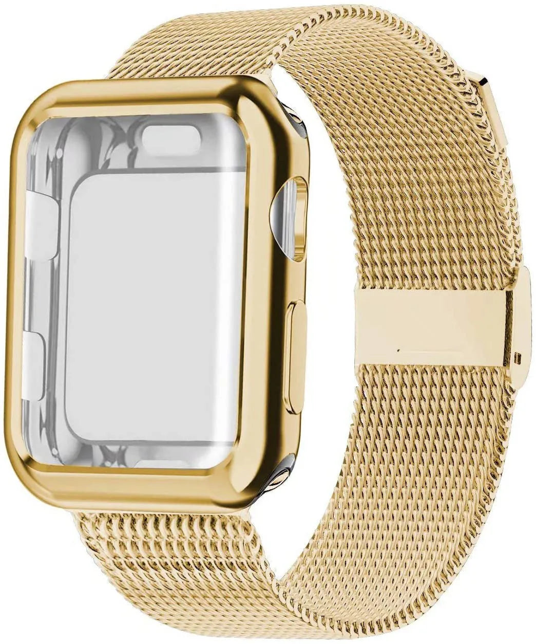 Silver magnetic Milanese metal band for Apple Watch on a wrist, showing the clasp.