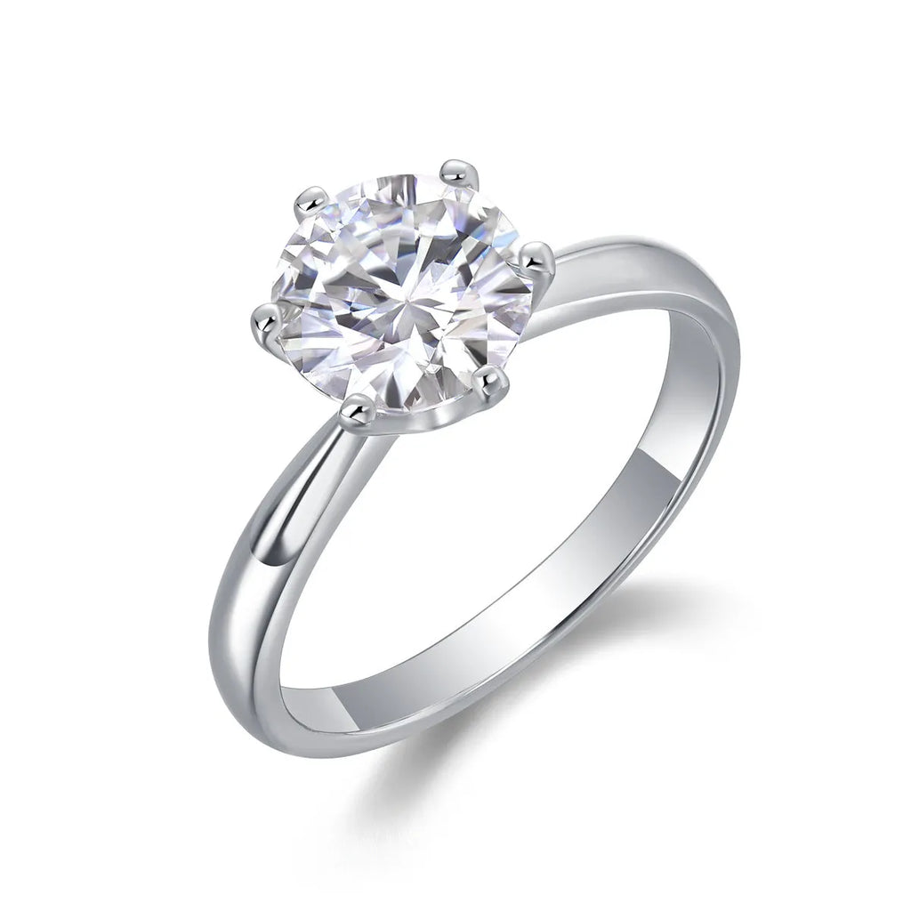 Classic six-prong moissanite wedding ring in S925 silver with platinum plating, GRA certified, 1-5 carat options