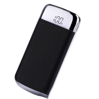 Square aluminium alloy power bank with LCD display showing battery level, with multiple USB ports.