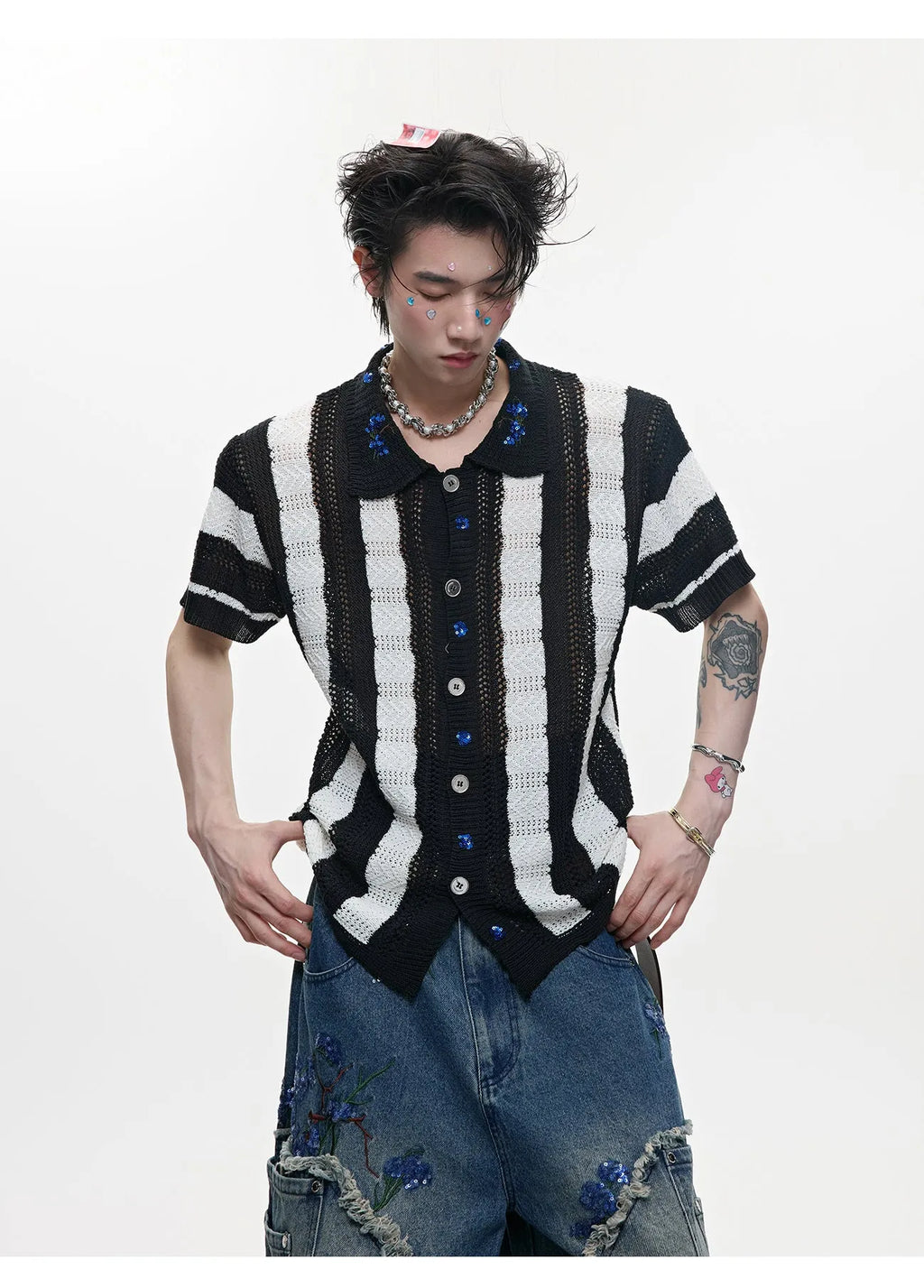 Men's retro patchwork striped knitted shirt in loose fit with short sleeves