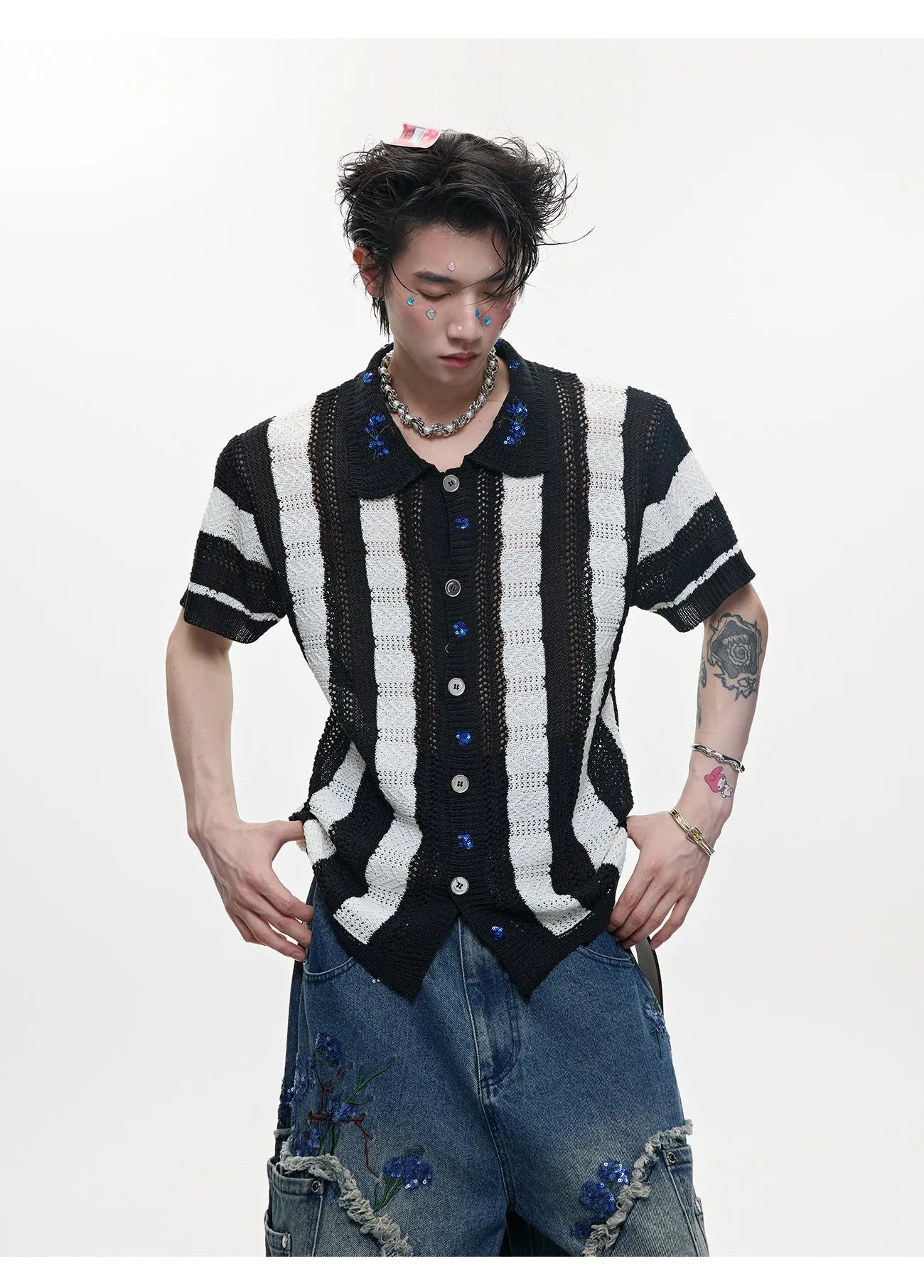 Men's retro patchwork striped knitted shirt in loose fit with short sleeves