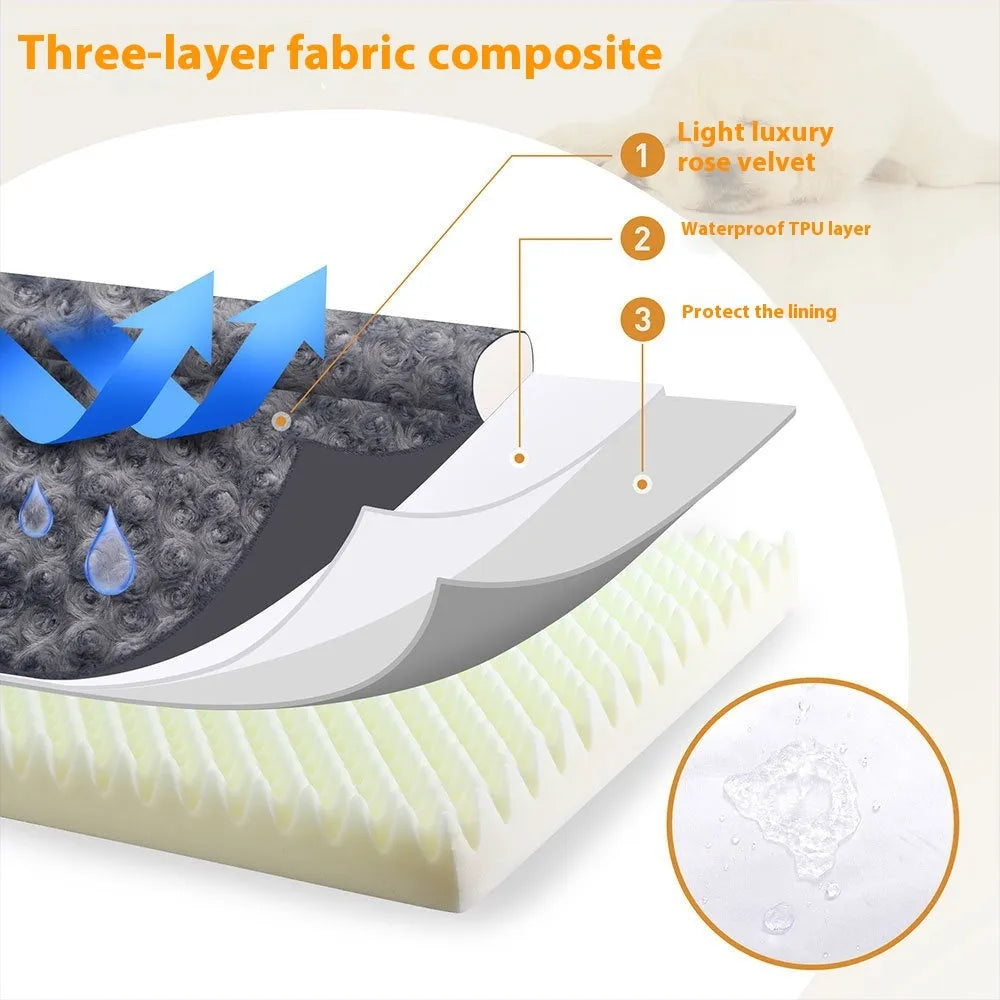 Grey U-shaped dog sofa bed with textured velvet cover and sponge padding.