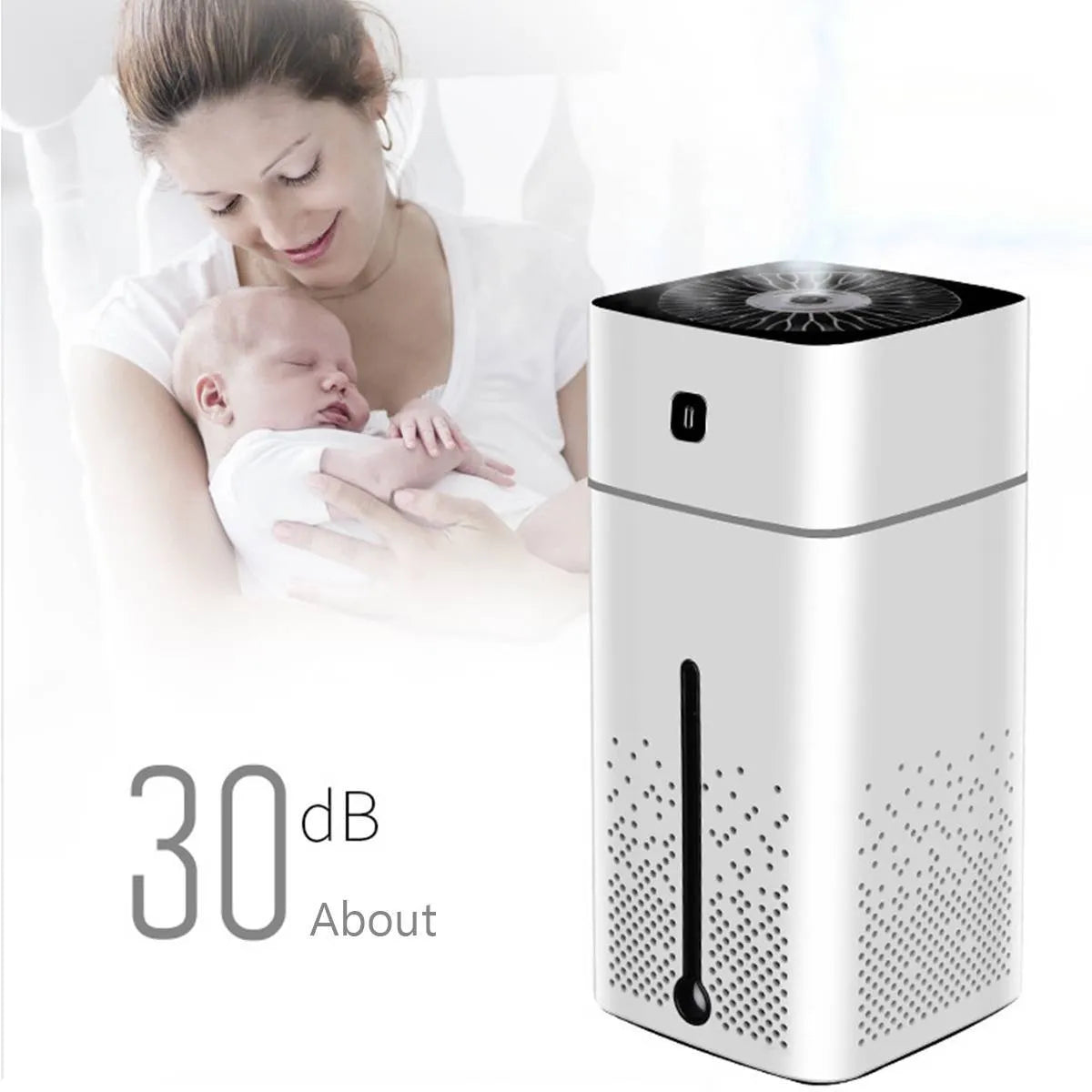 Black and white desktop humidifier measuring 103x103x218mm with 1000ml capacity