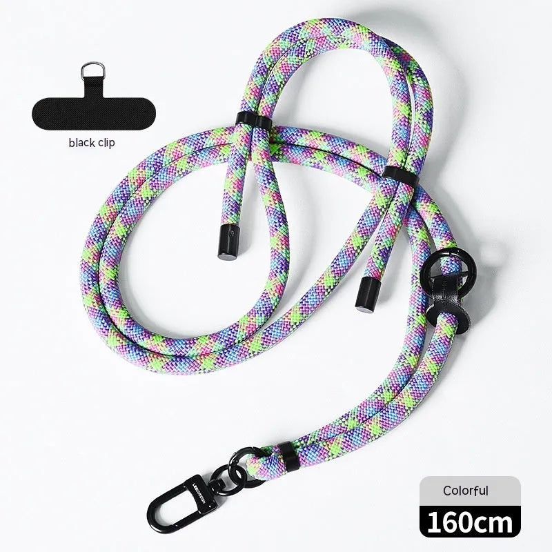 Adjustable 160cm rainbow woven polyester phone lanyard with alloy clip for crossbody or wrist wear