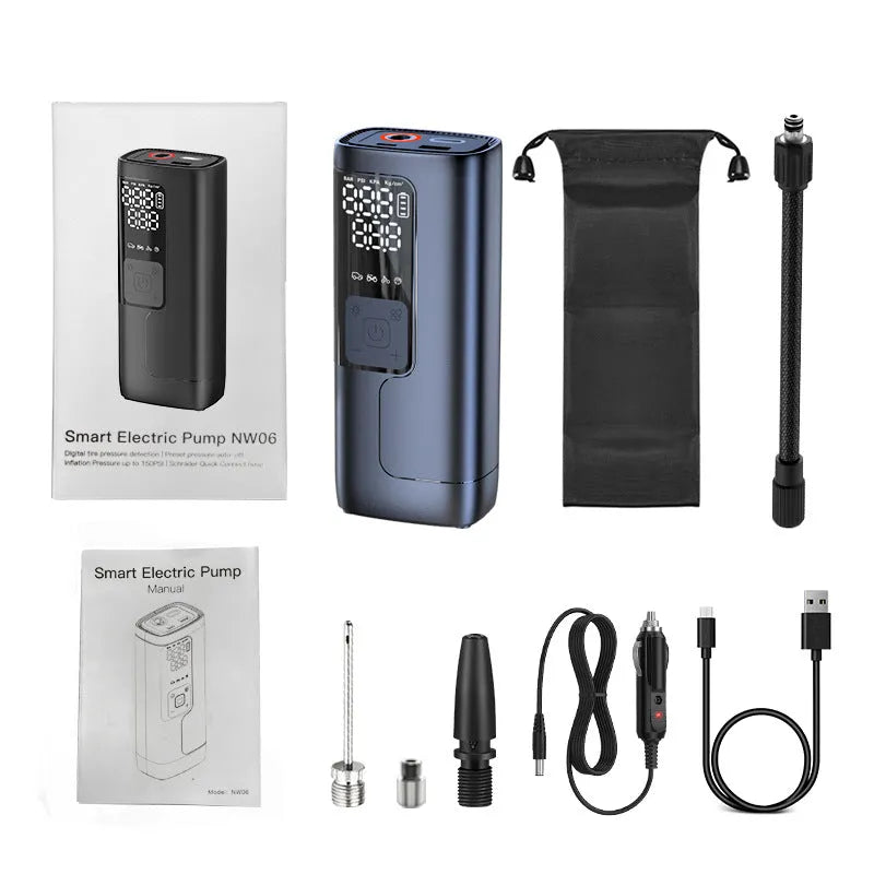 Portable car inflation tool with 5200 lithium battery, tyre pressure gauge, and warning light in an ABS casing.