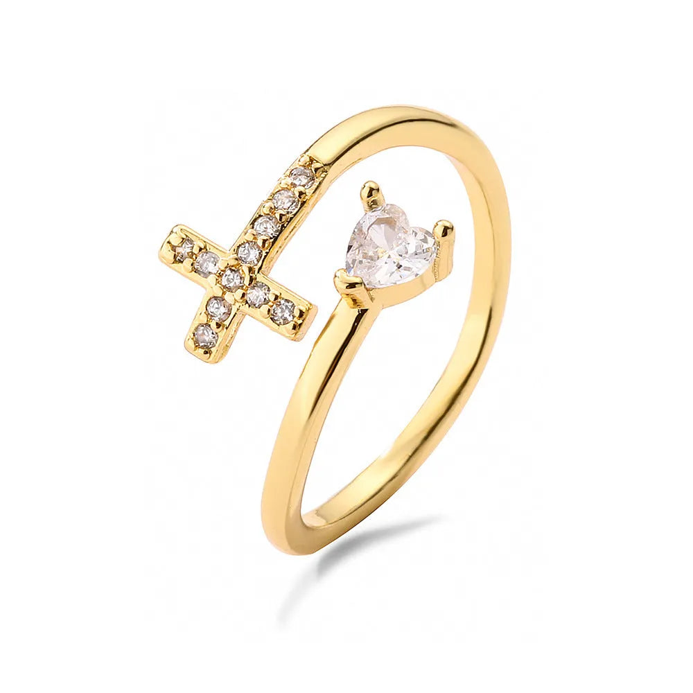 Clear CZ zircon cross evil eye ring with adjustable opening on copper band geometric shape