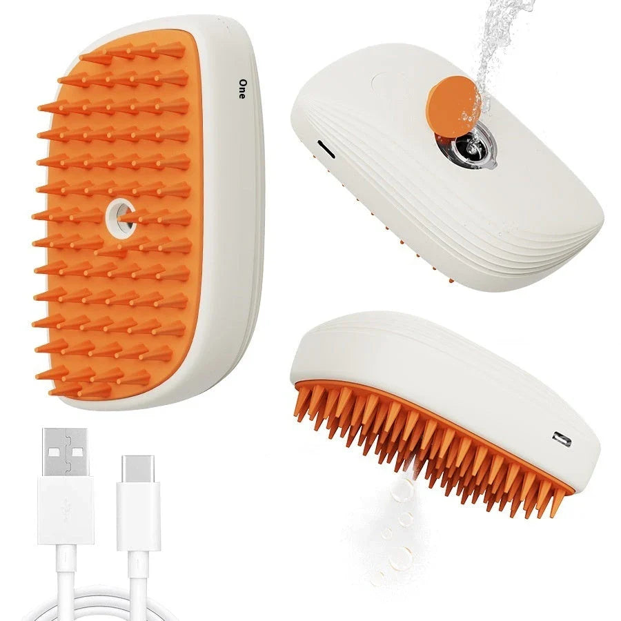 Rechargeable pet grooming brush with soothing steam massage function, designed for a comfortable and effective grooming experience for cats.