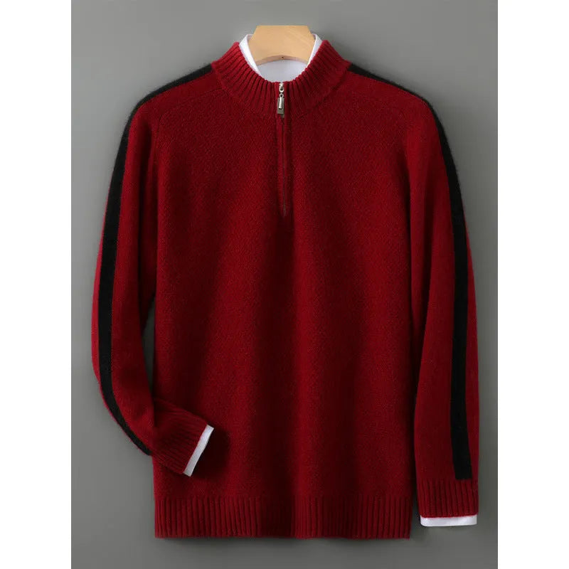 Plus-size model wearing a slim-fit, grey, half-zip wool sweater with a round neckline.
