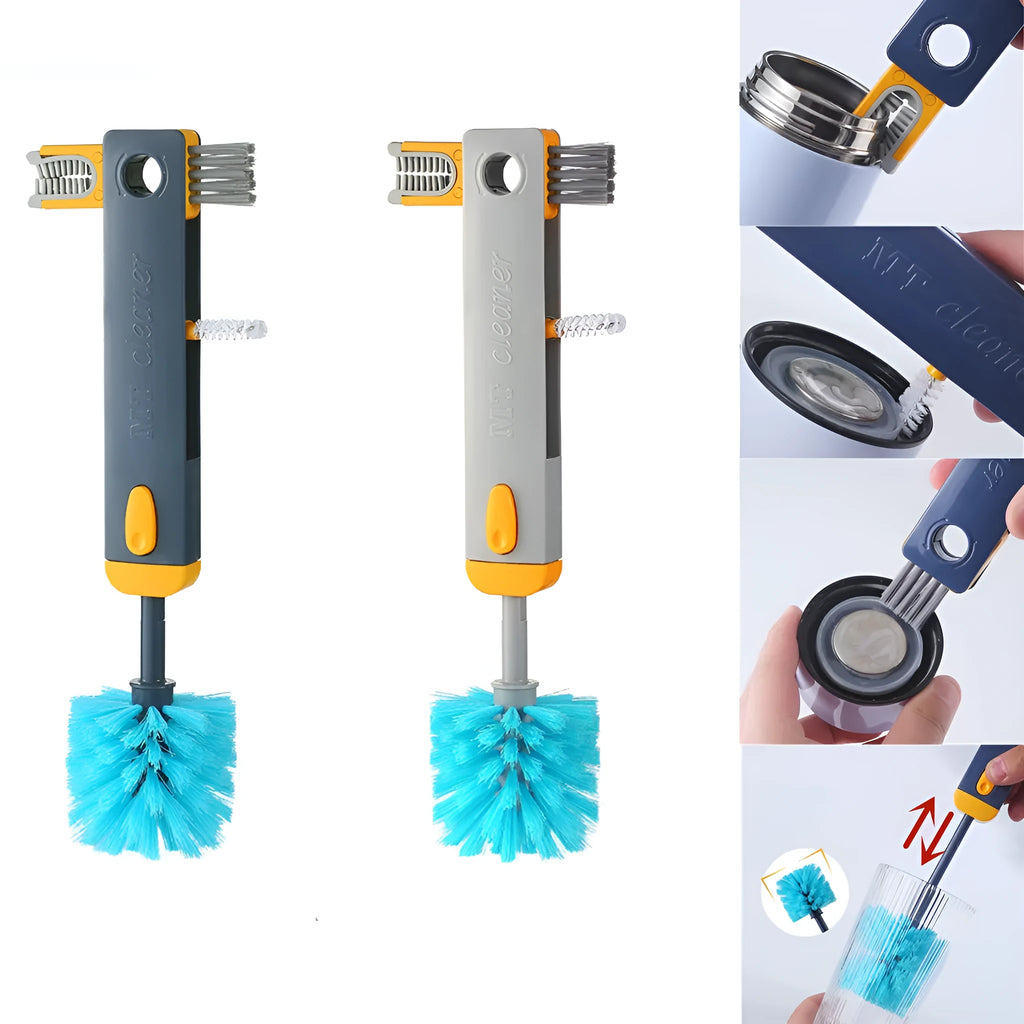 Blue and grey 4-in-1 bottle gap cleaner brush with U-shaped silicone design and stranded wire tools