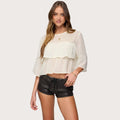 Women's milky white chiffon T-shirt with batwing sleeves, short 40cm length