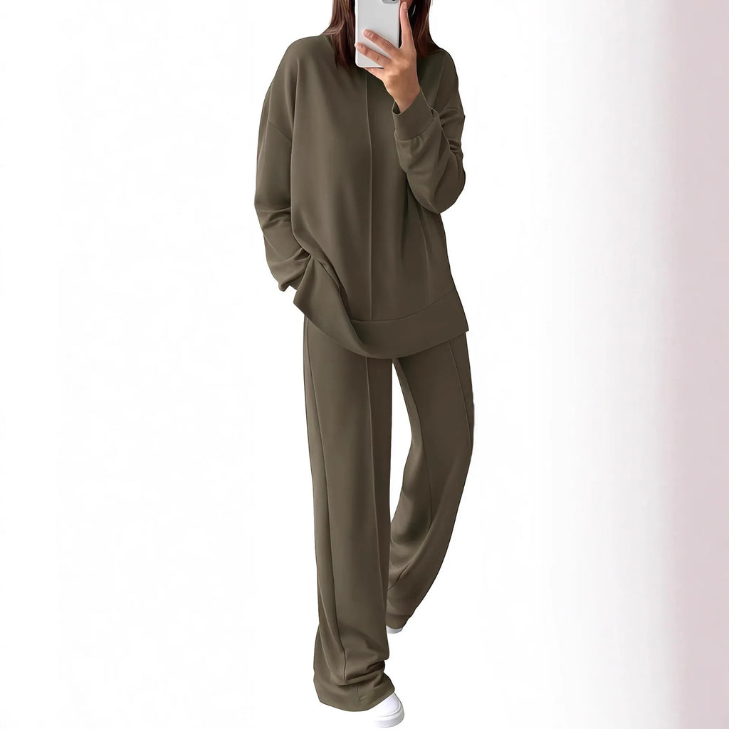 Women's long-sleeve polyester jogging suit set shown in Army Green, featuring a top and matching trousers