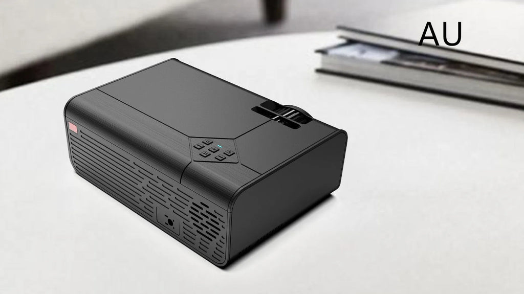 Pearl white Android smart HD micro projector on desk with projected screen 220-124cm