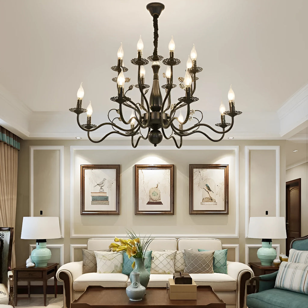 Wrought iron candle crystal chandelier with 12 lights, black finish, for living room or bedroom ceiling installation