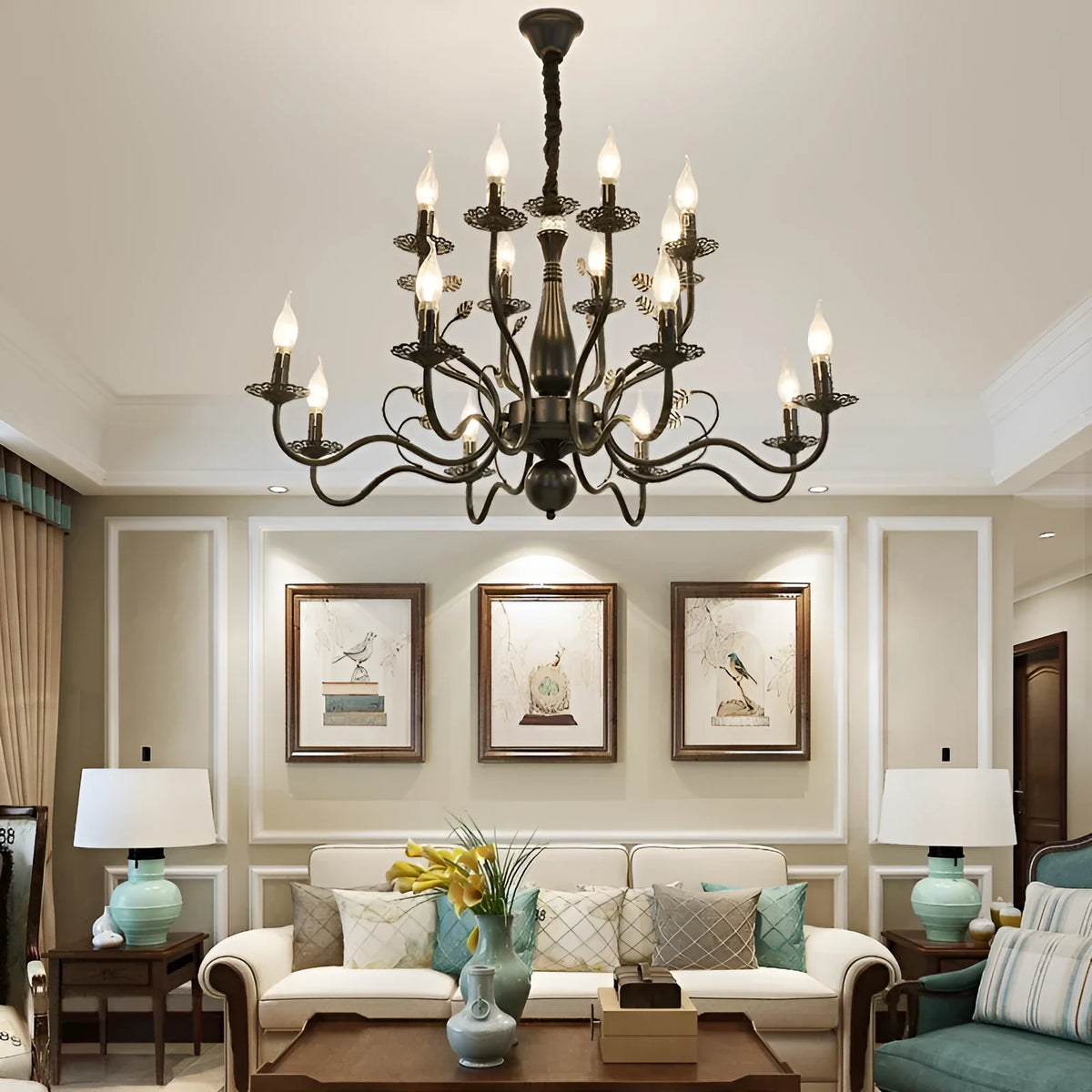 Wrought iron candle crystal chandelier with 12 lights, black finish, for living room or bedroom ceiling installation