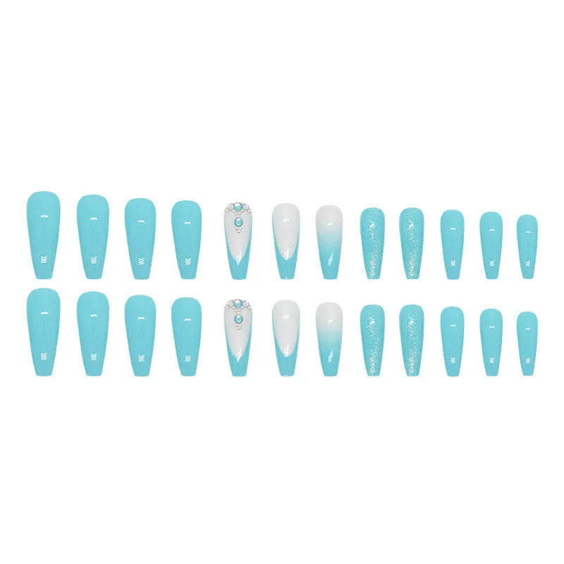 Solid colour artificial nails with smart blue diamond accents and ballet-length cut