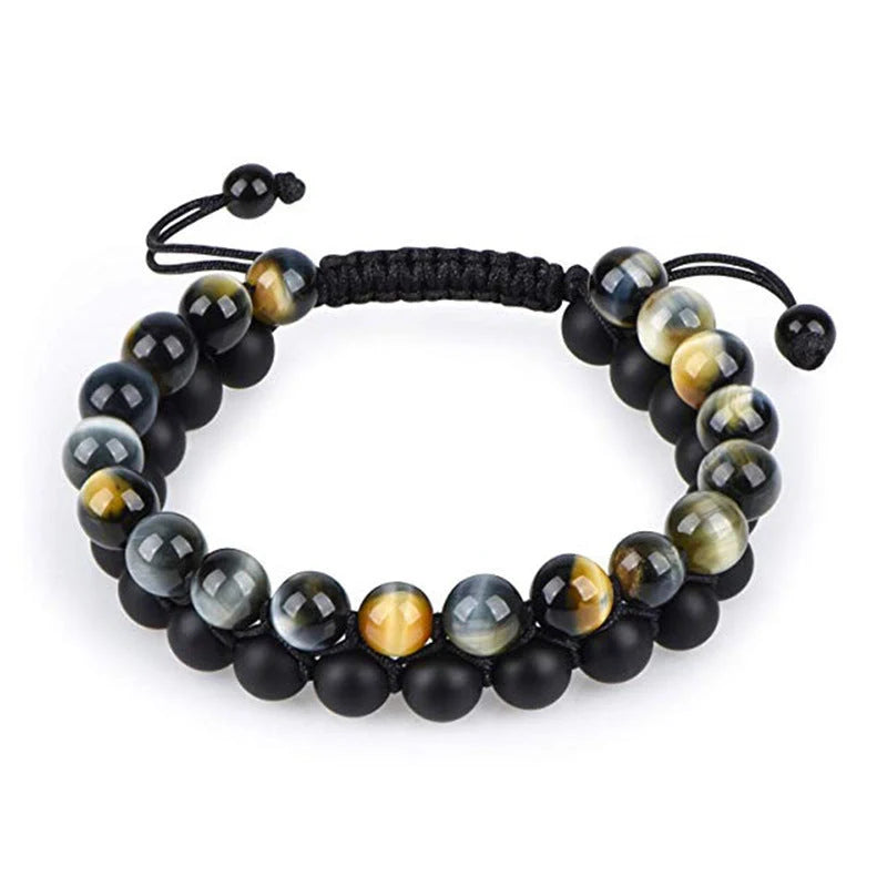 Tiger Eye Couple Bracelets with matte black agate beads, modern geometry design