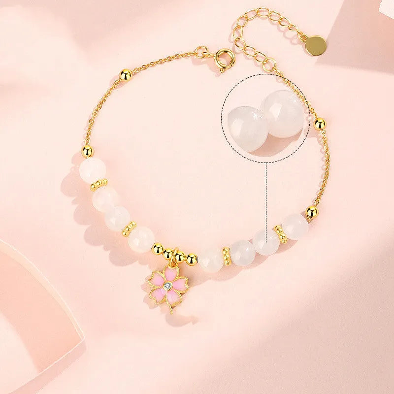 Pink 925 silver cherry blossom pendant bracelet with gradient epoxy finish and Hetian jade beads