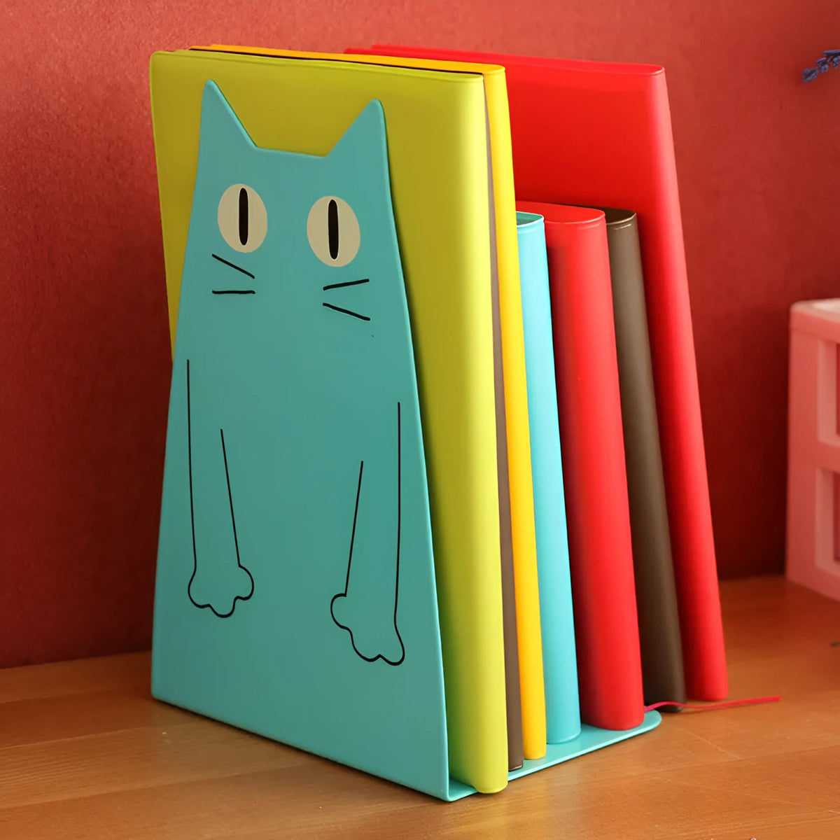 Pair of iron bookends in blue colour on a shelf holding books upright
