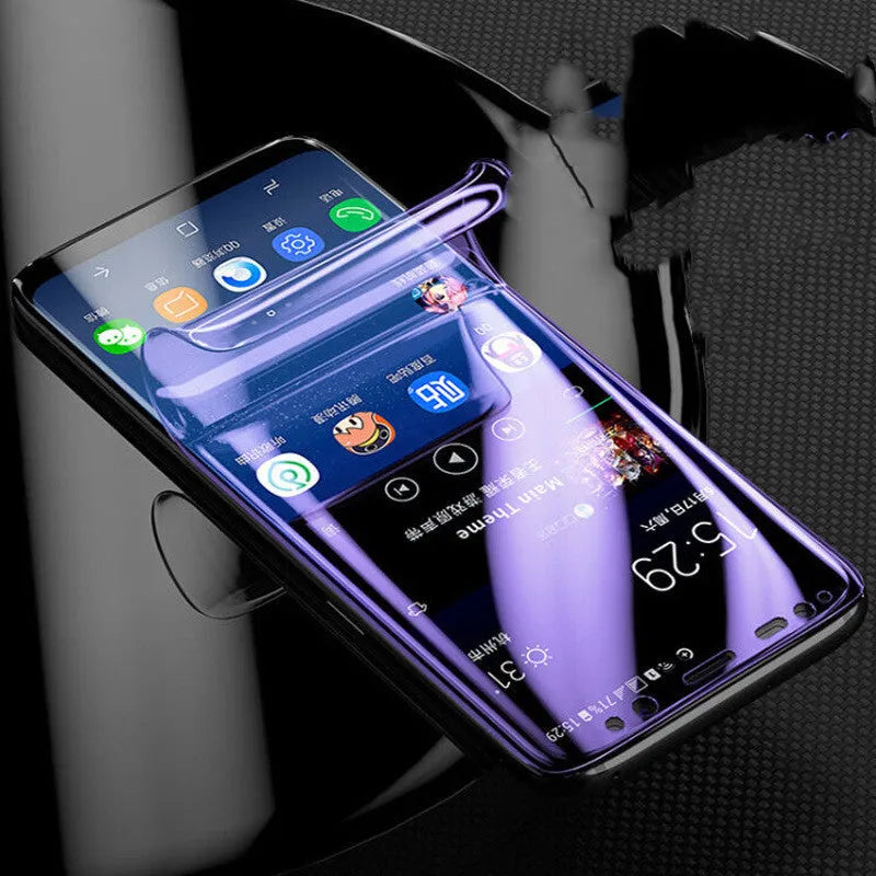 Purple Light hydraulic film screen protector for Samsung Galaxy S series phones on a matte surface.