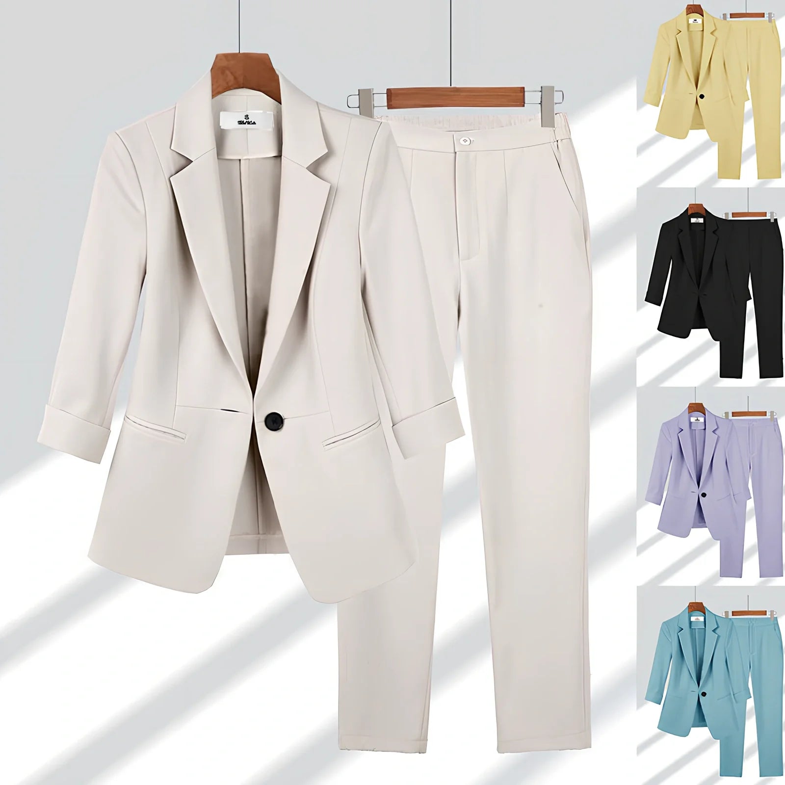 Women's beige blazer set: single-breasted lapel jacket with long sleeves and straight zipper trousers, polyester, sizes S-4XL