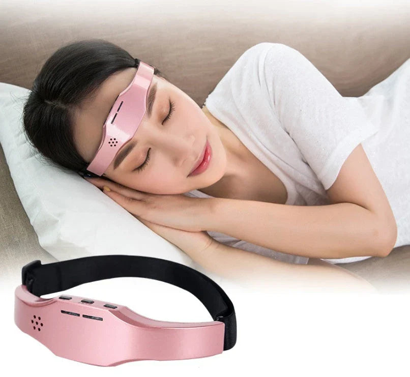 Wireless Head Massager Helmet in black and pink for stress relief and sleep therapy