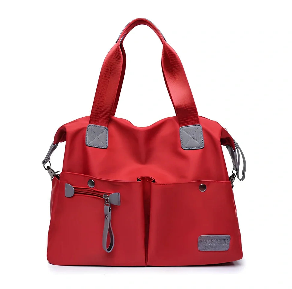 Ladies shoulder bag in black Oxford fabric, size M with multiple pockets and adjustable straps for handbag or crossbody carry, 340 mm width