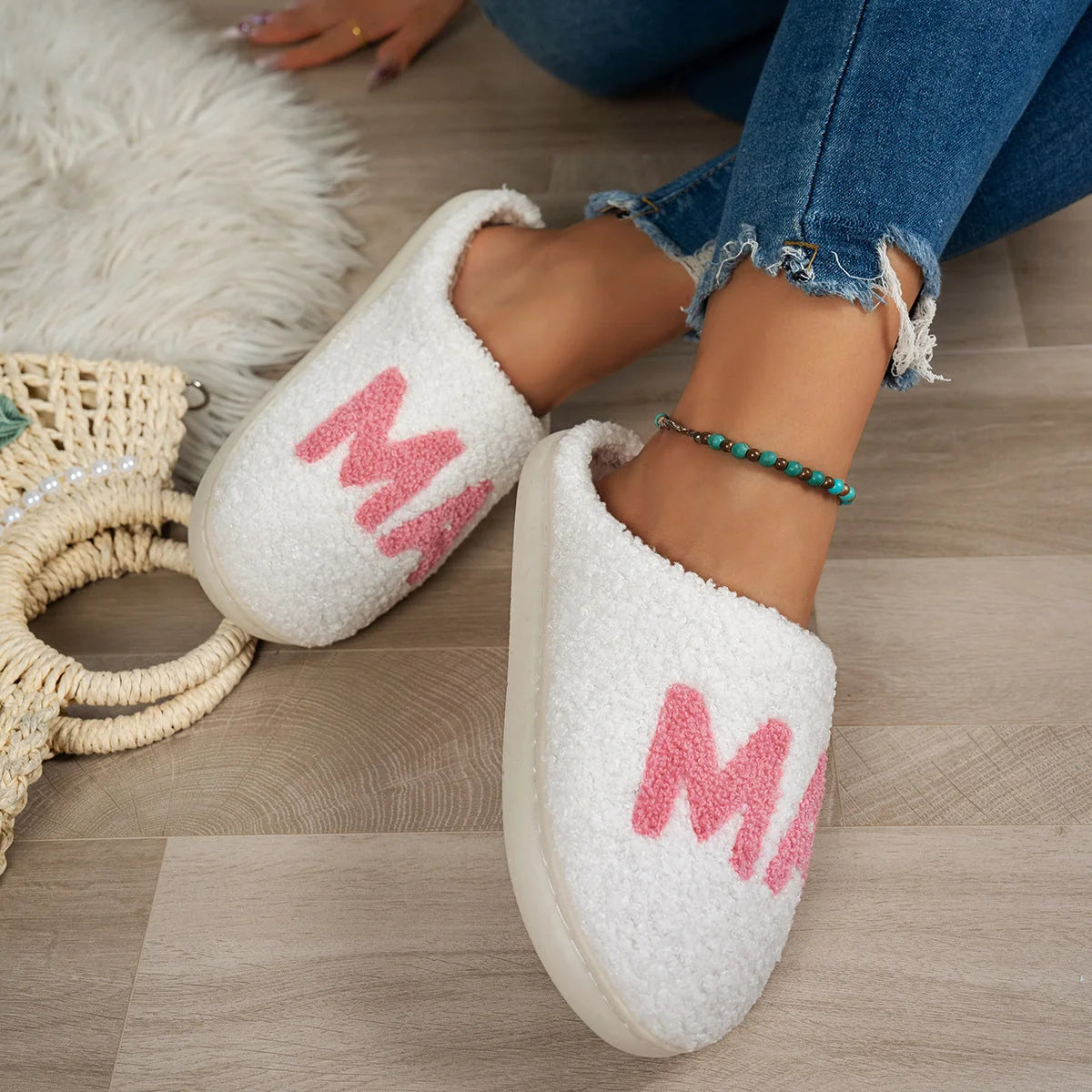 MAMA Christmas Gift Plush Cotton Slippers in white with thick non-slip sole