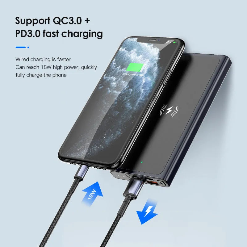 Black and blue alloy shell 10000mAh power bank with wireless charging function.
