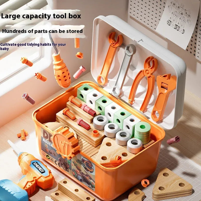 Children's plastic screw toy assembly set with blue building blocks and tools on a table