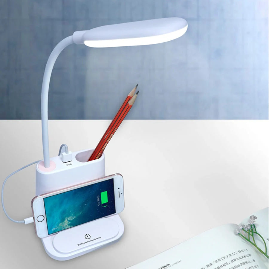 LED Rechargeable USB Desk Lamp with Phone Stand in white and pink options
