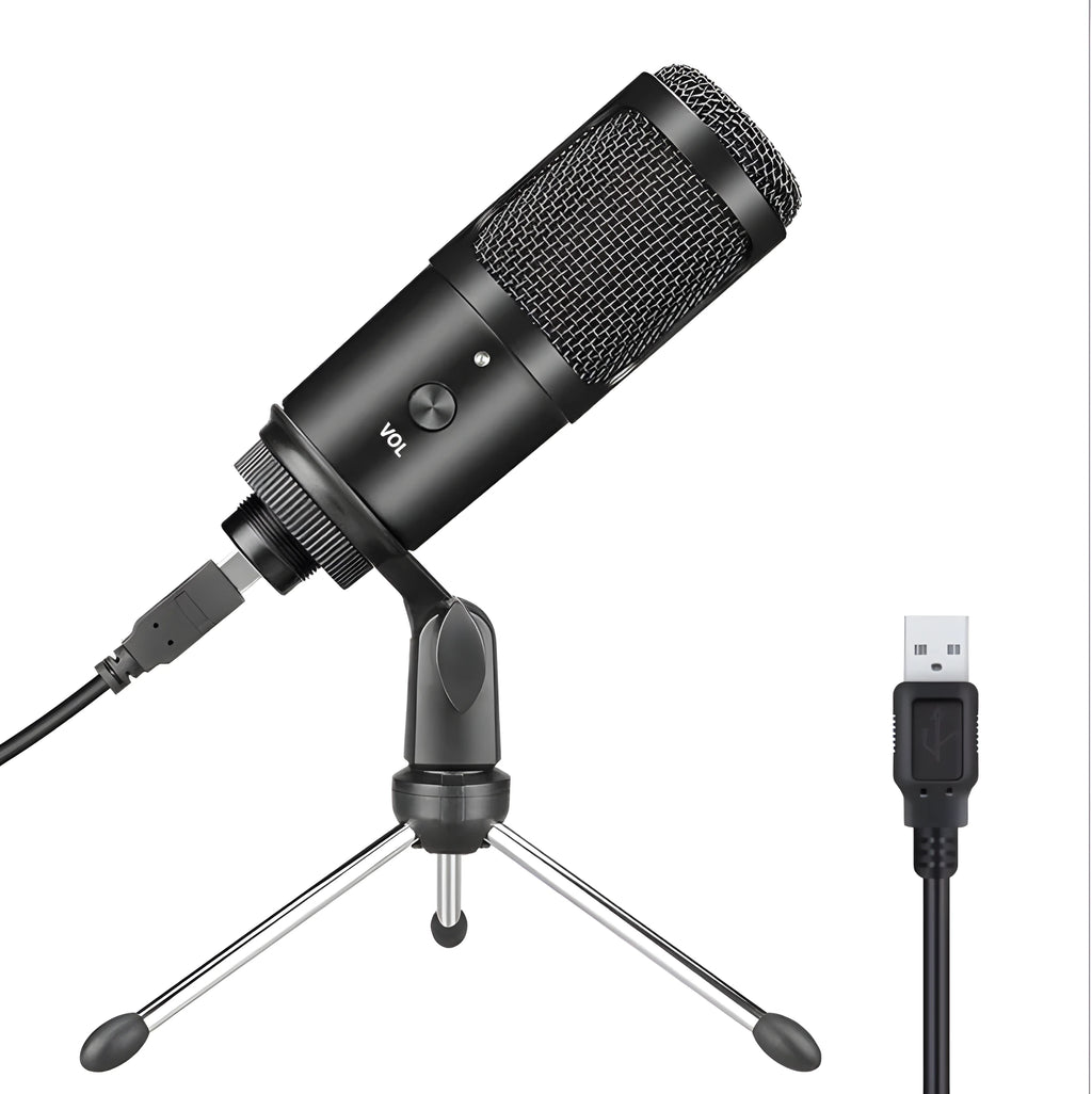 Black USB condenser microphone for laptop and computer recording with knob volume control