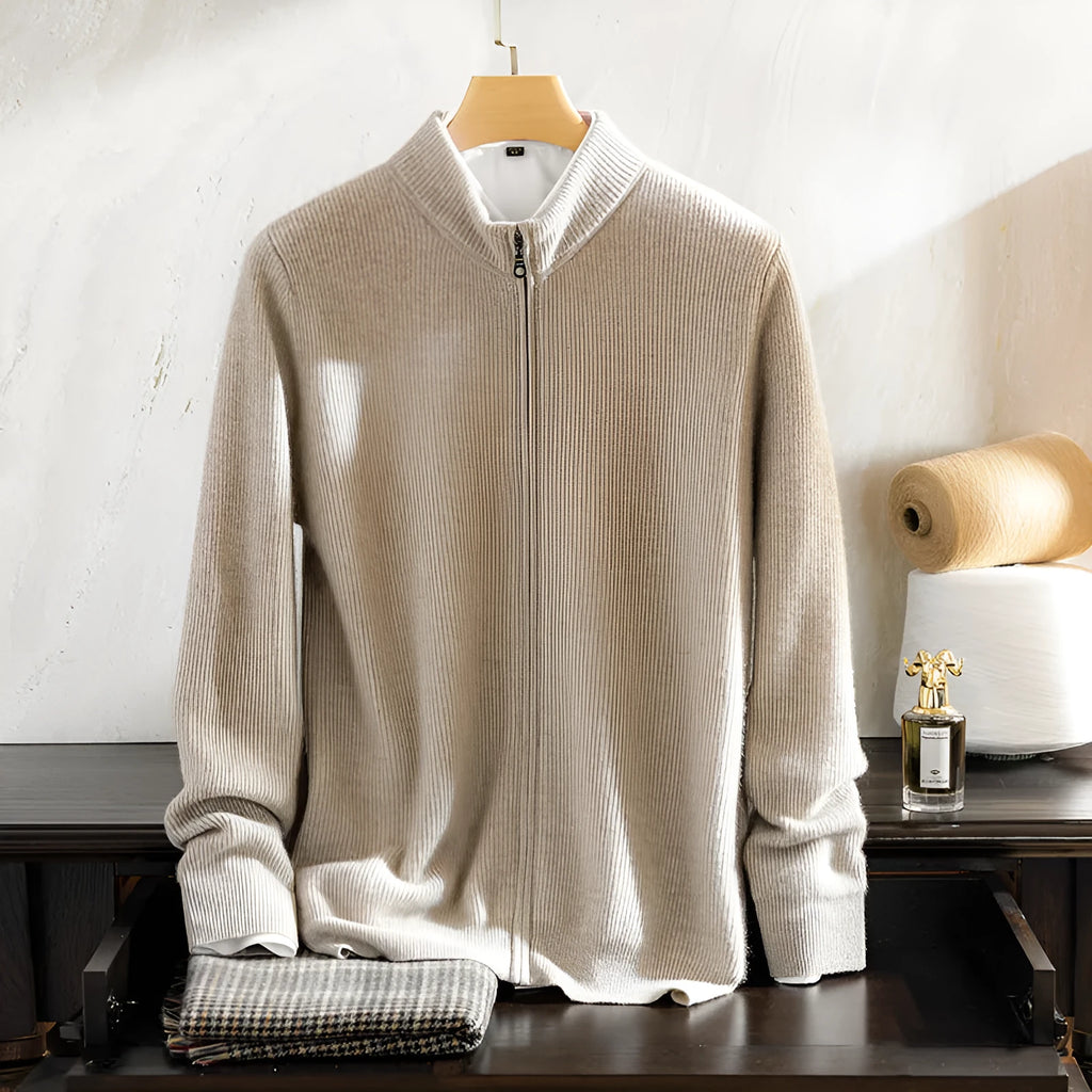 Men's cashmere zippered round neck cardigan sweater in camel colour, long sleeves, front zip closure