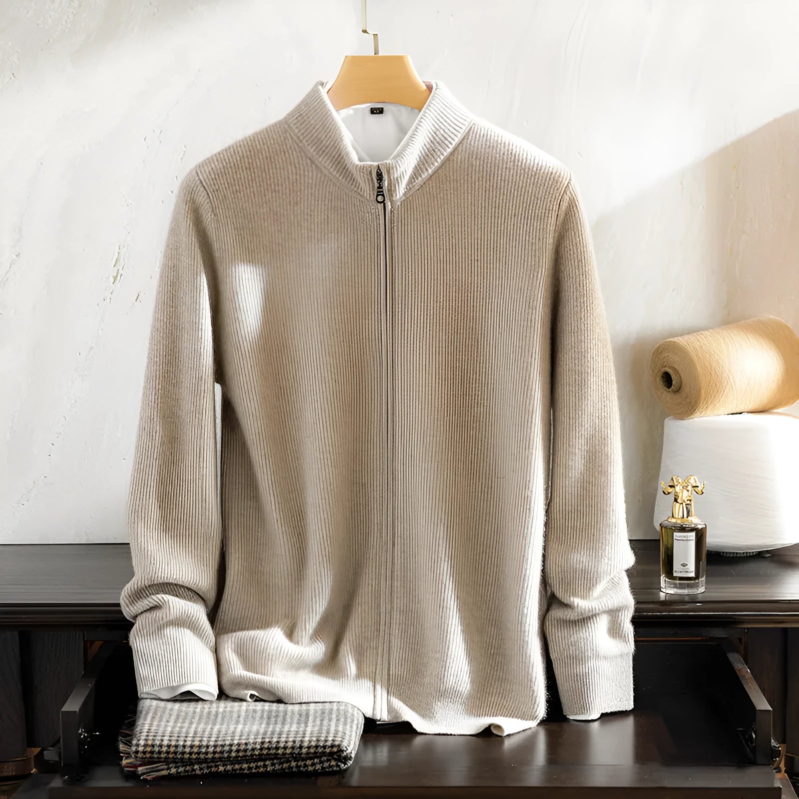 Men's cashmere zippered round neck cardigan sweater in camel colour, long sleeves, front zip closure