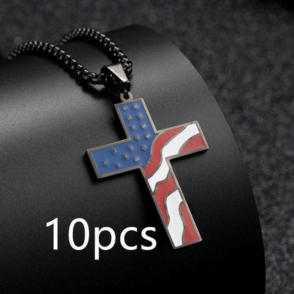 Men's stainless steel flag cross necklace in Black, Gold, and Silver options