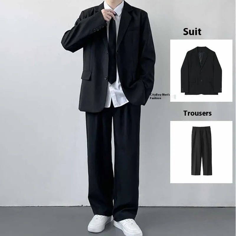 Plus size men's college style blazer and trousers suit set with white shirt and tie on hanger