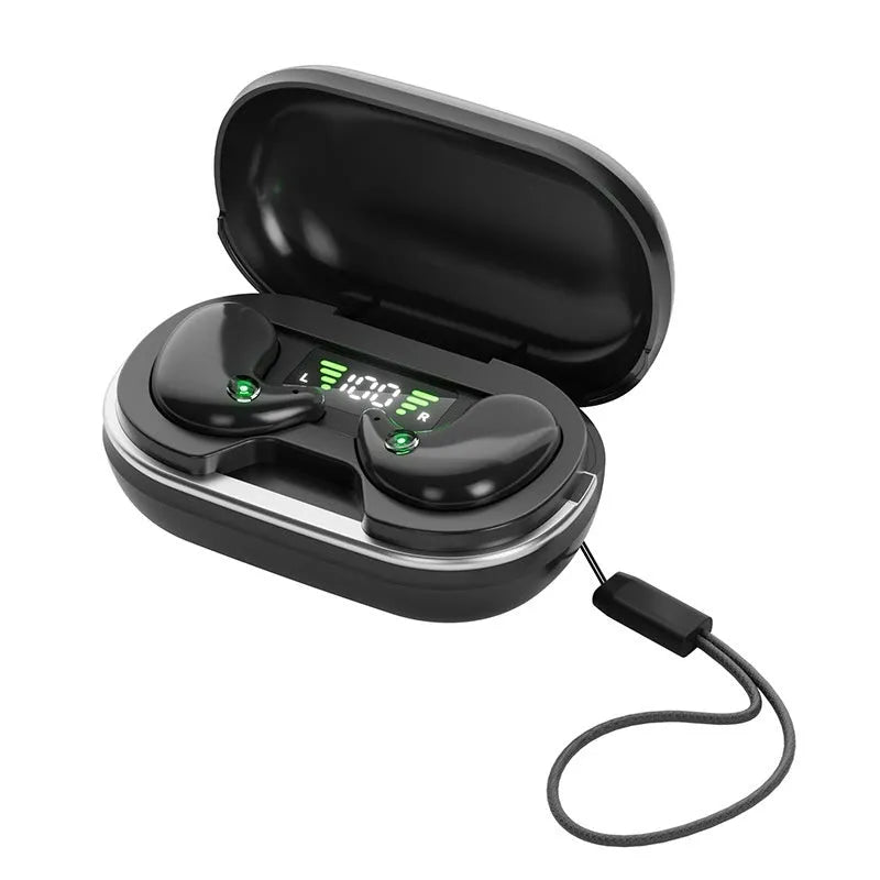 Wireless Bluetooth headset for sleep with digital display charging case, black and white colour options, PC ABS material