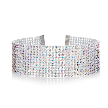 Women's full crystal rhinestone choker necklace, 29cm length with 10cm extension, multicolor or white options in 1-2.5cm widths
