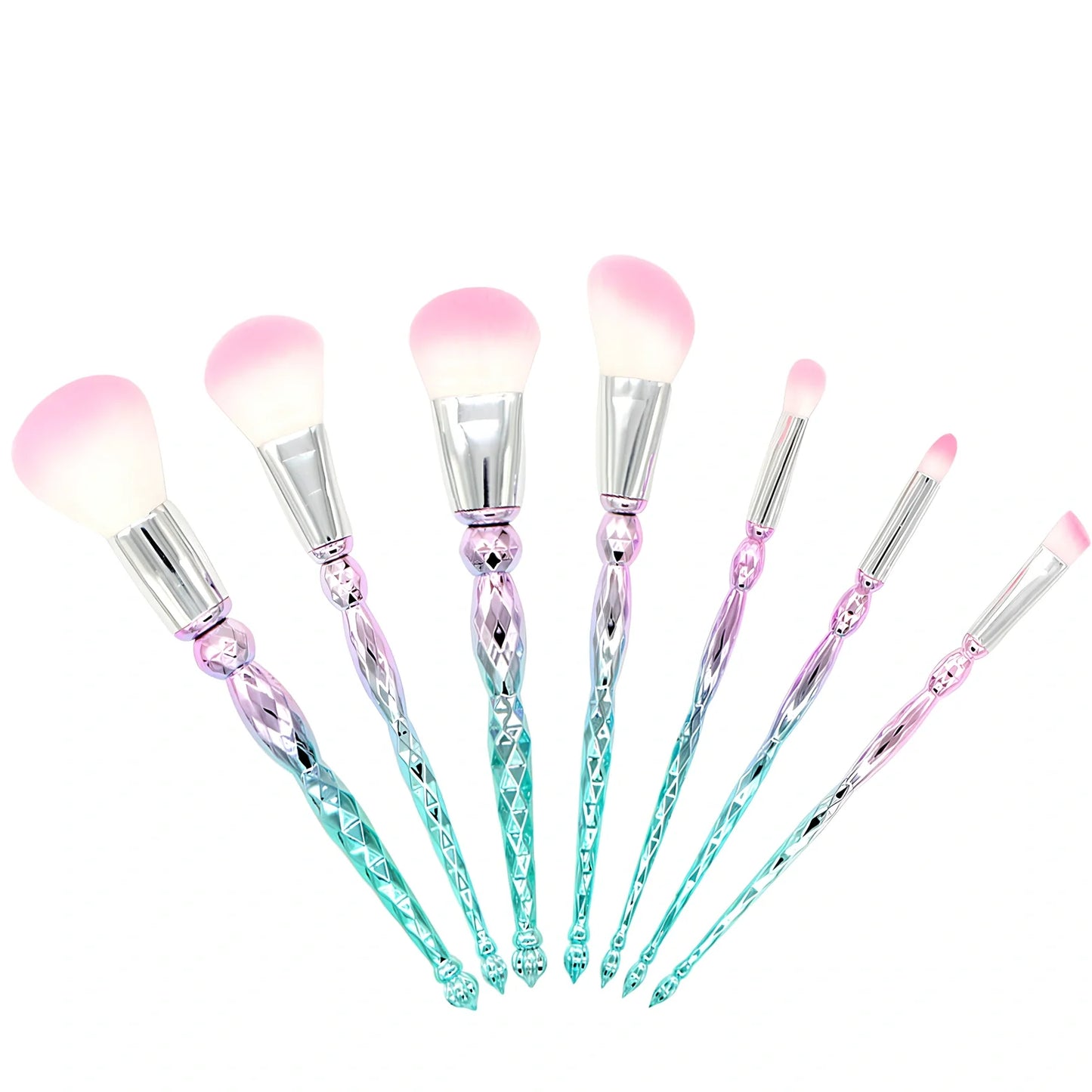 Green 7-piece makeup brush set with rayon hair in 20cm diamond tower, portable plastic handles for organised storage