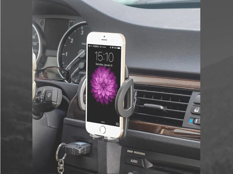 Black universal car air vent mobile phone holder with adjustable plastic clip mount