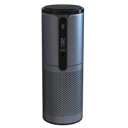Compact car air purifier in black, reducing allergens with HEPA technology
