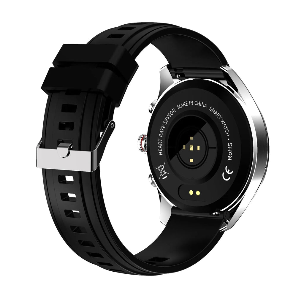 Men's black smart bracelet watch with silicone band and round touch screen display.