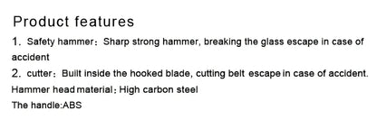 Black ABS window breaker safety hammer with pointed high carbon steel tip and seatbelt cutter, 10cm length for vehicle emergencies