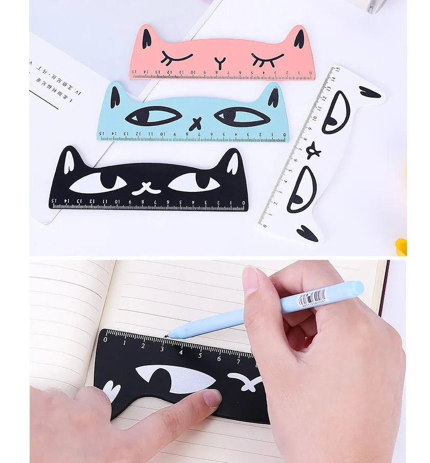 Creative cat-shaped wooden ruler measuring 13 cm in pink colour on white background